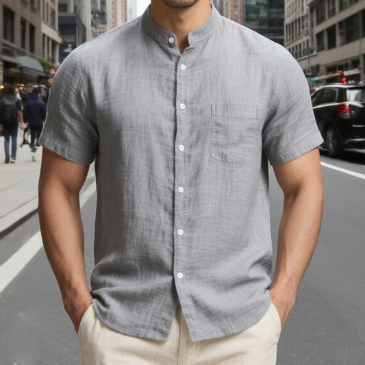 Men's Linen Button Down Shirt - Casual Slim Fit with Chest Pocket for Beach & Vacation