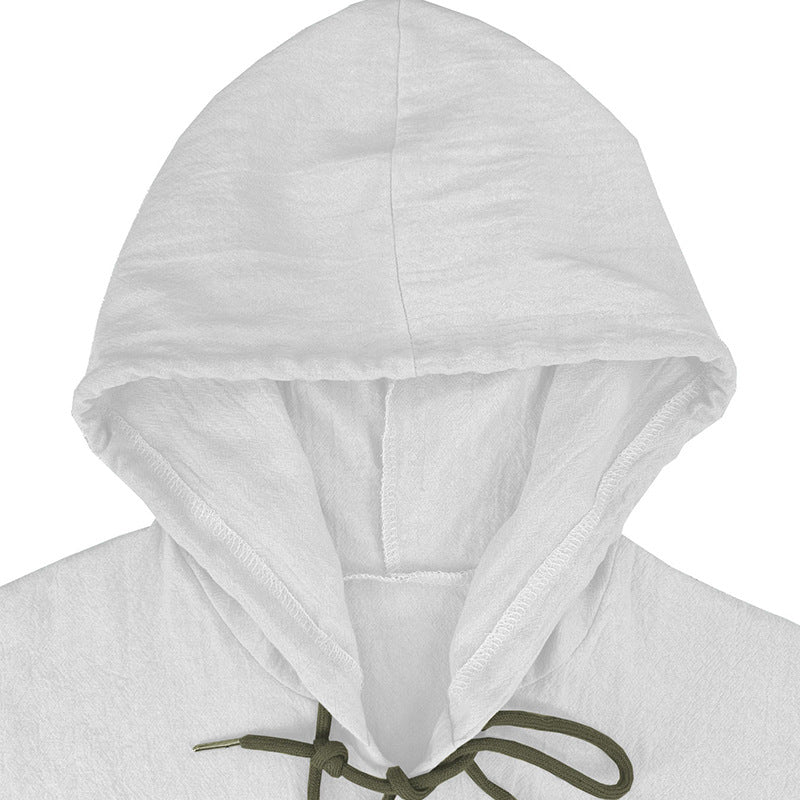 Men's solid color casual long-sleeved shirt hooded drawstring cotton linen cardigan trendy versatile loose beach T-shirt