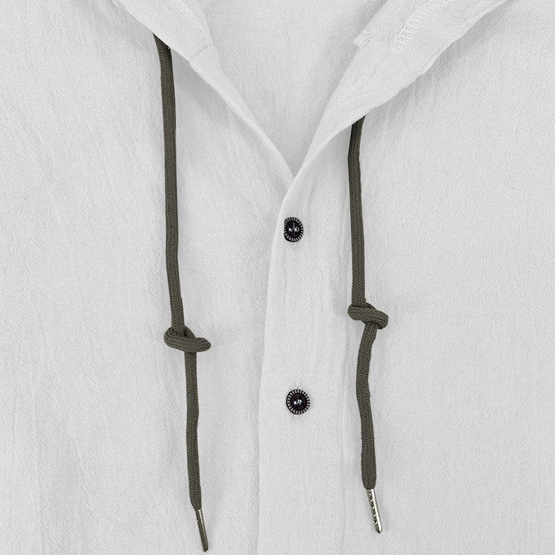 Men's solid color casual long-sleeved shirt hooded drawstring cotton linen cardigan trendy versatile loose beach T-shirt