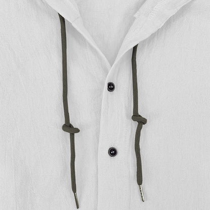 Men's solid color casual long-sleeved shirt hooded drawstring cotton linen cardigan trendy versatile loose beach T-shirt