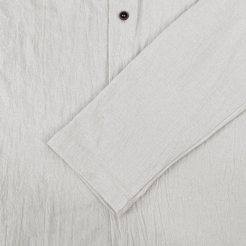 Men's solid color casual long-sleeved shirt hooded drawstring cotton linen cardigan trendy versatile loose beach T-shirt