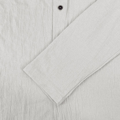 Men's solid color casual long-sleeved shirt hooded drawstring cotton linen cardigan trendy versatile loose beach T-shirt