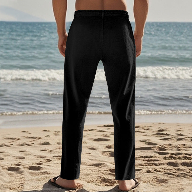 Mens Linen Pants Elastic Waist Drawstring Loose Fit Casual Summer Beach Pants with Pockets Baggy Trousers