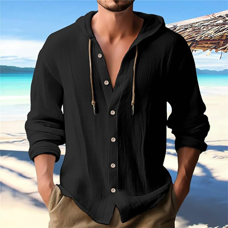 Men's solid color casual long-sleeved shirt hooded drawstring cotton linen cardigan trendy versatile loose beach T-shirt
