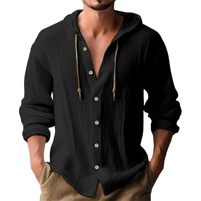 Men's solid color casual long-sleeved shirt hooded drawstring cotton linen cardigan trendy versatile loose beach T-shirt