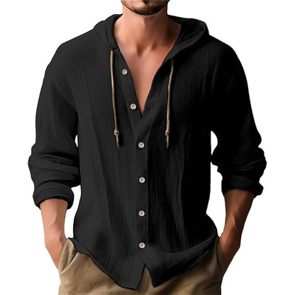 Men's solid color casual long-sleeved shirt hooded drawstring cotton linen cardigan trendy versatile loose beach T-shirt