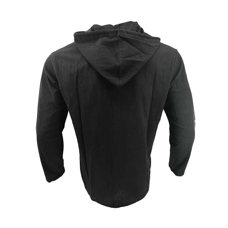 Men's solid color casual long-sleeved shirt hooded drawstring cotton linen cardigan trendy versatile loose beach T-shirt