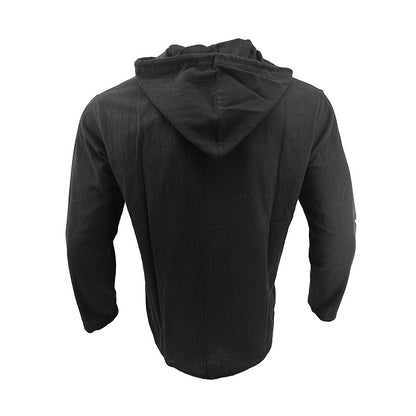 Men's solid color casual long-sleeved shirt hooded drawstring cotton linen cardigan trendy versatile loose beach T-shirt