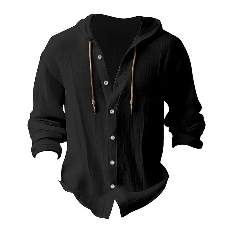 Men's solid color casual long-sleeved shirt hooded drawstring cotton linen cardigan trendy versatile loose beach T-shirt