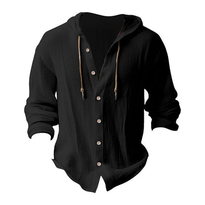 Men's solid color casual long-sleeved shirt hooded drawstring cotton linen cardigan trendy versatile loose beach T-shirt