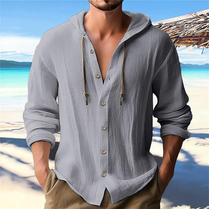 Men's solid color casual long-sleeved shirt hooded drawstring cotton linen cardigan trendy versatile loose beach T-shirt