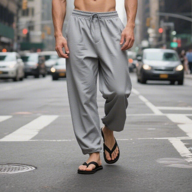 Men's Casual Linen Pants Beach Summer Elastic Waist Drawstring Pants Lightweight Linen Trousers