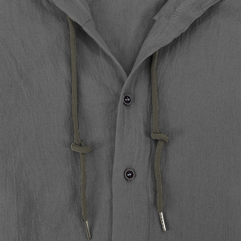Men's solid color casual long-sleeved shirt hooded drawstring cotton linen cardigan trendy versatile loose beach T-shirt