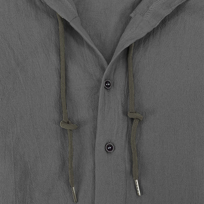 Men's solid color casual long-sleeved shirt hooded drawstring cotton linen cardigan trendy versatile loose beach T-shirt