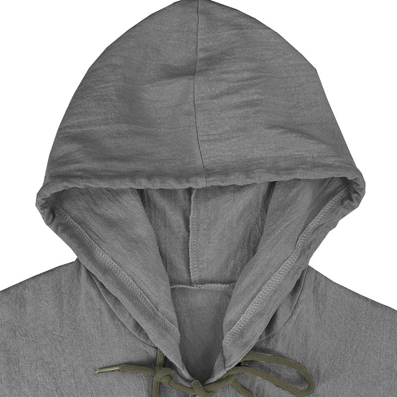 Men's solid color casual long-sleeved shirt hooded drawstring cotton linen cardigan trendy versatile loose beach T-shirt