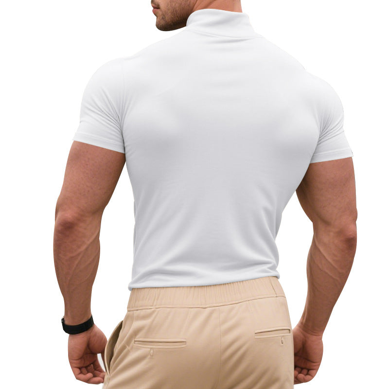 Men's Summer Stretch Slim British Gentleman's Casual Base Shirt Small Turtleneck Short Sleeve T-Shirt Men's