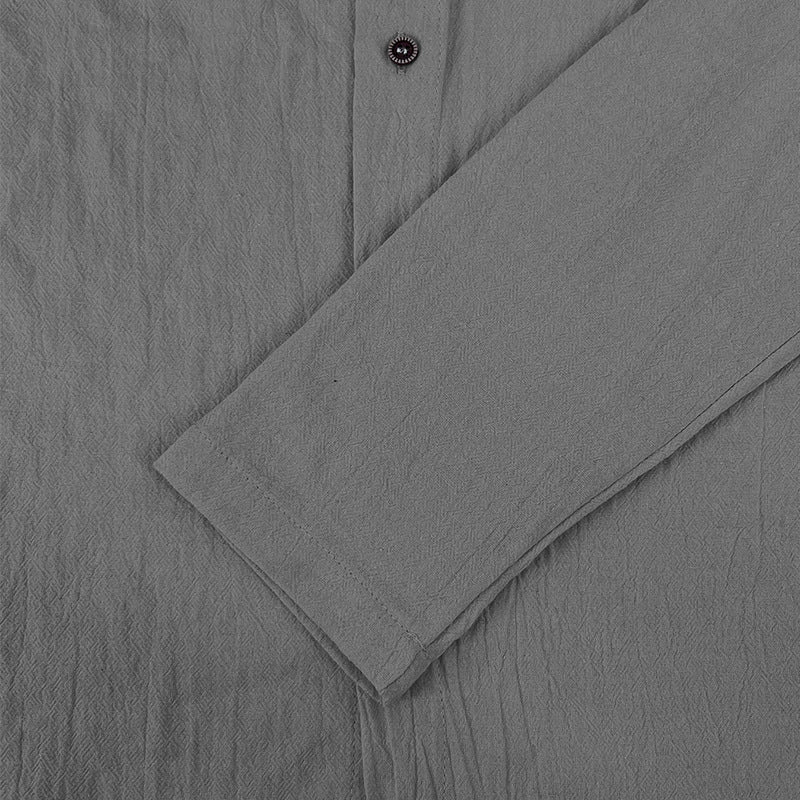 Men's solid color casual long-sleeved shirt hooded drawstring cotton linen cardigan trendy versatile loose beach T-shirt