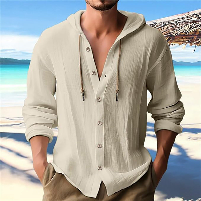 Men's solid color casual long-sleeved shirt hooded drawstring cotton linen cardigan trendy versatile loose beach T-shirt