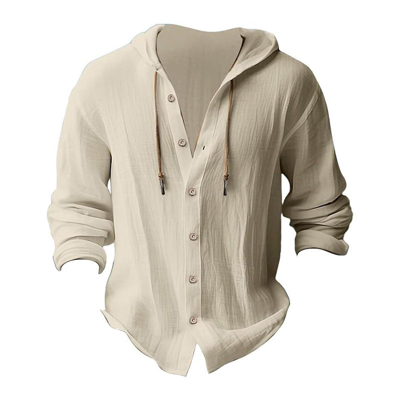 Men's solid color casual long-sleeved shirt hooded drawstring cotton linen cardigan trendy versatile loose beach T-shirt