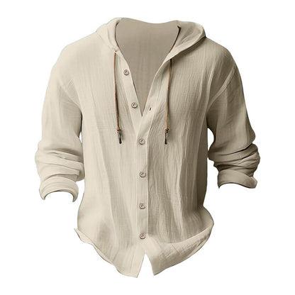 Men's solid color casual long-sleeved shirt hooded drawstring cotton linen cardigan trendy versatile loose beach T-shirt