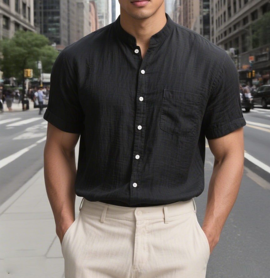 Men's Linen Button Down Shirt - Casual Slim Fit with Chest Pocket for Beach & Vacation