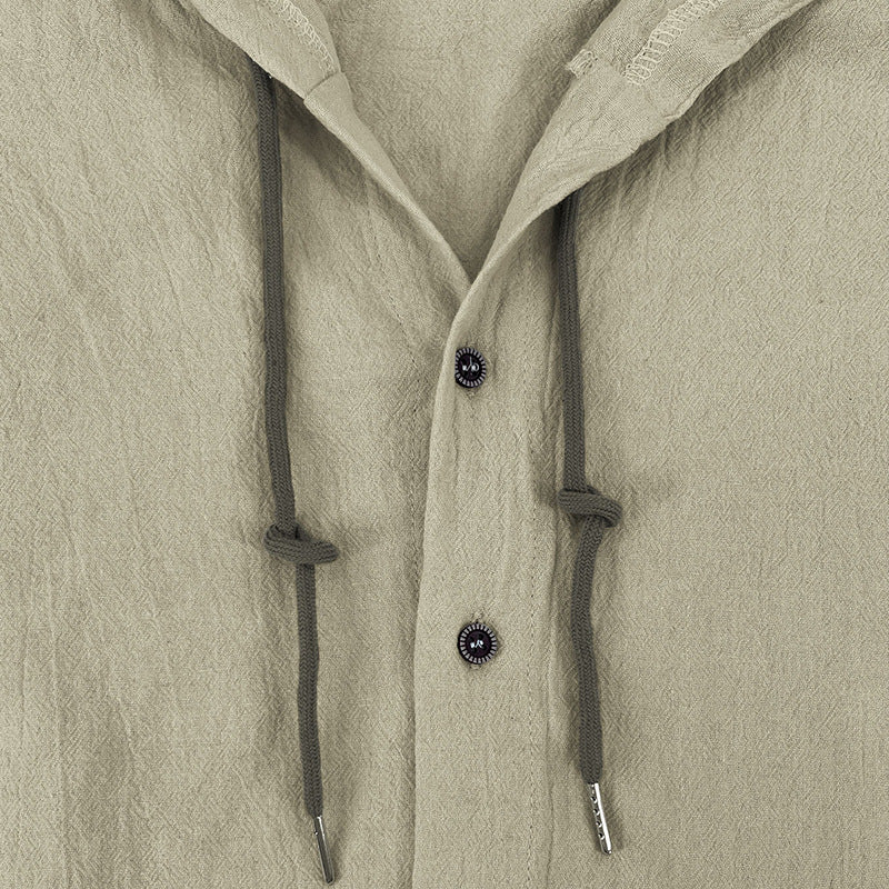 Men's solid color casual long-sleeved shirt hooded drawstring cotton linen cardigan trendy versatile loose beach T-shirt
