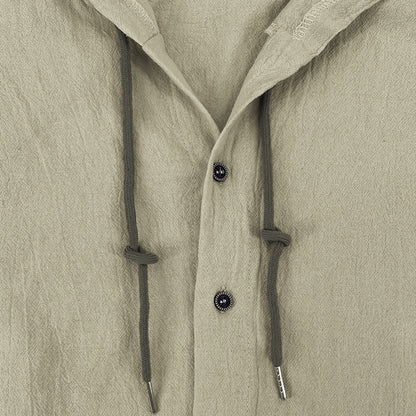 Men's solid color casual long-sleeved shirt hooded drawstring cotton linen cardigan trendy versatile loose beach T-shirt