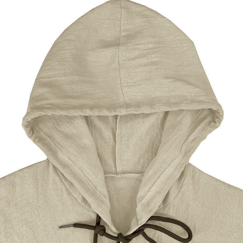 Men's solid color casual long-sleeved shirt hooded drawstring cotton linen cardigan trendy versatile loose beach T-shirt