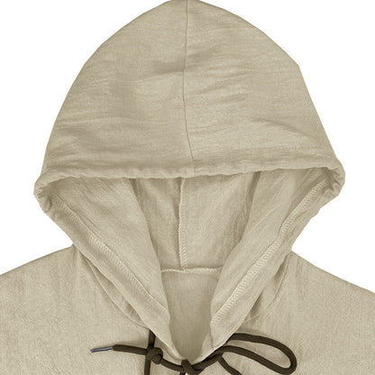 Men's solid color casual long-sleeved shirt hooded drawstring cotton linen cardigan trendy versatile loose beach T-shirt