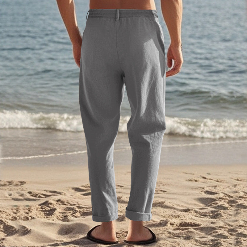 Mens Linen Pants Elastic Waist Drawstring Loose Fit Casual Summer Beach Pants with Pockets Baggy Trousers