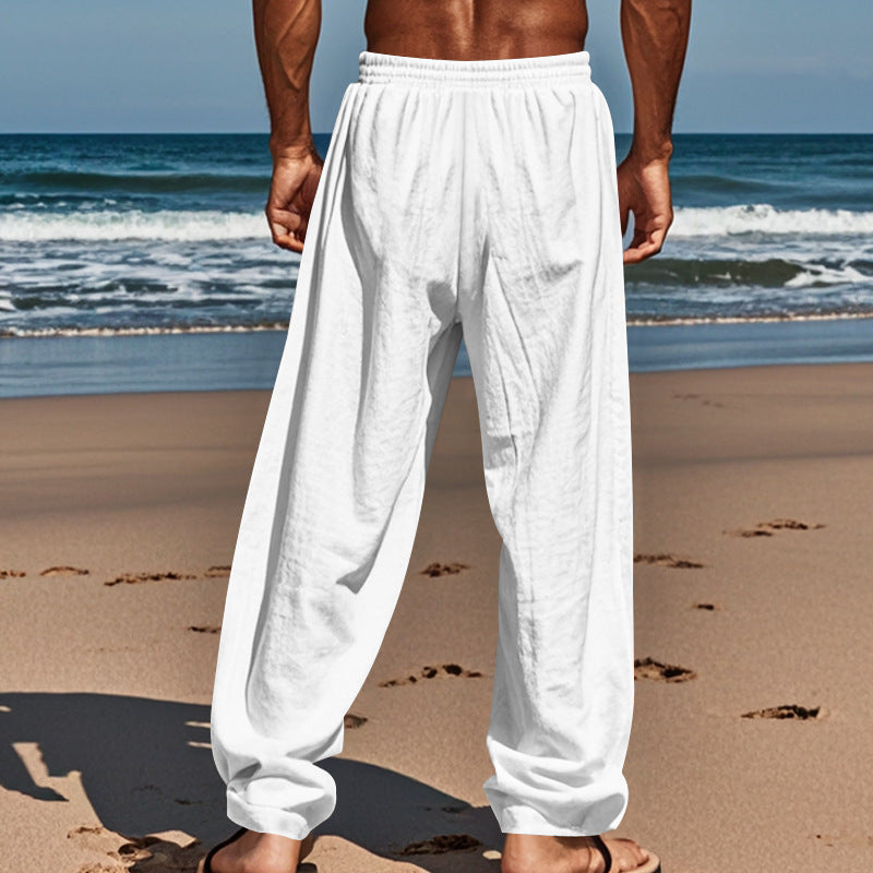 Men's Casual Linen Pants Beach Summer Elastic Waist Drawstring Pants Lightweight Linen Trousers
