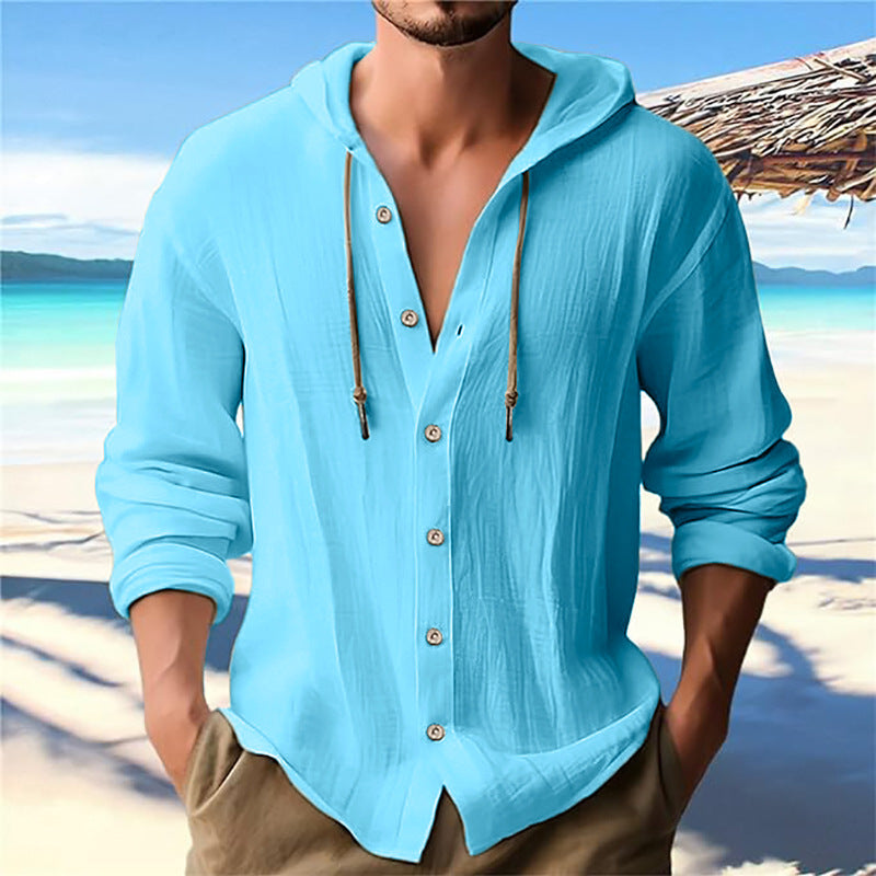 Men's solid color casual long-sleeved shirt hooded drawstring cotton linen cardigan trendy versatile loose beach T-shirt