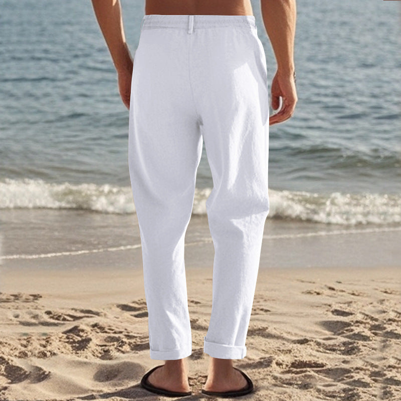 Mens Linen Pants Elastic Waist Drawstring Loose Fit Casual Summer Beach Pants with Pockets Baggy Trousers