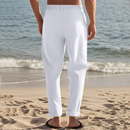 Mens Linen Pants Elastic Waist Drawstring Loose Fit Casual Summer Beach Pants with Pockets Baggy Trousers