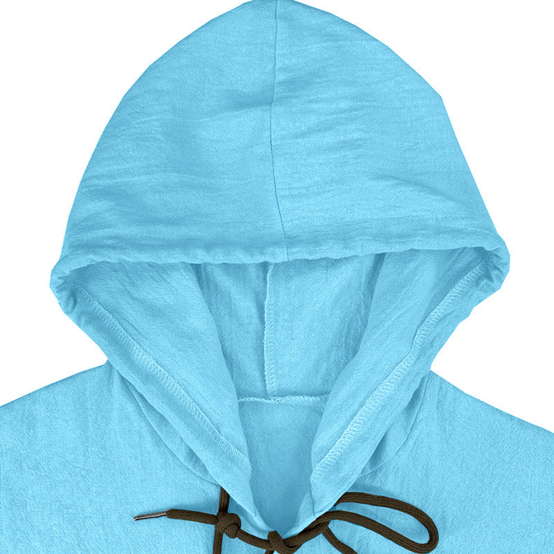Men's solid color casual long-sleeved shirt hooded drawstring cotton linen cardigan trendy versatile loose beach T-shirt