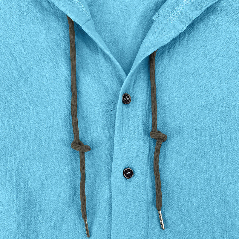 Men's solid color casual long-sleeved shirt hooded drawstring cotton linen cardigan trendy versatile loose beach T-shirt