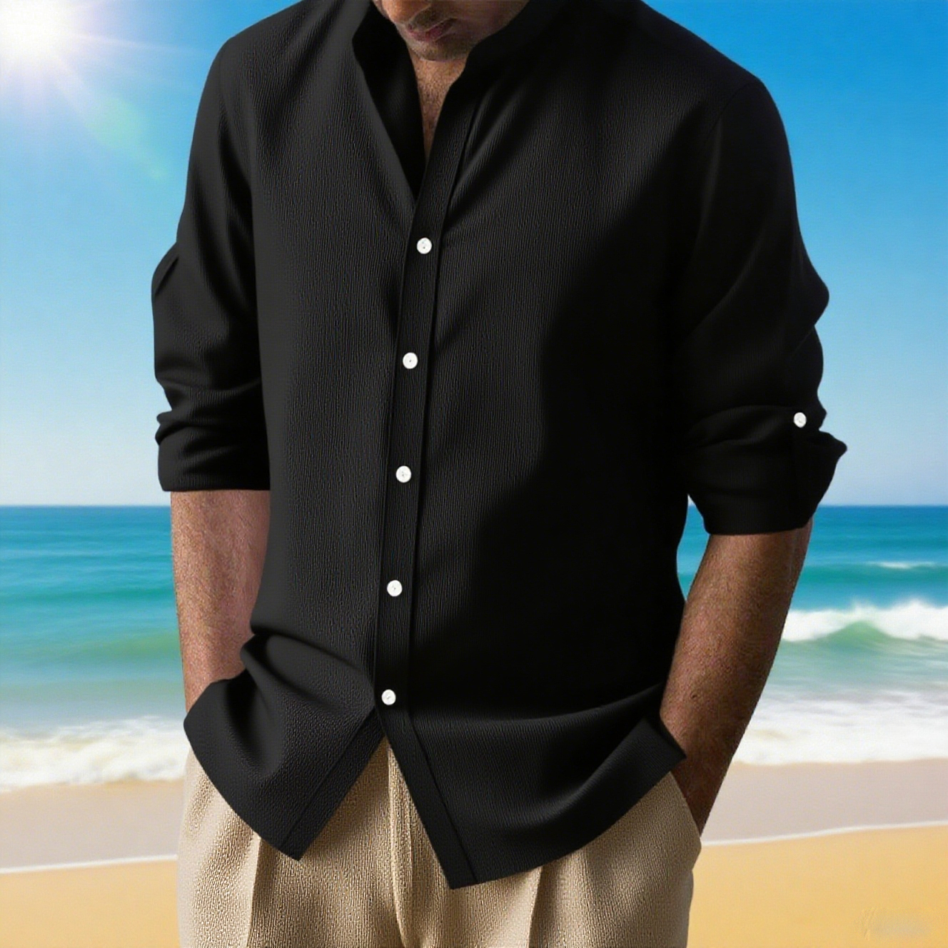 Men's Vacation Linen Button Down Shirt - Casual Slim Fit with Chest Pocket for Beach