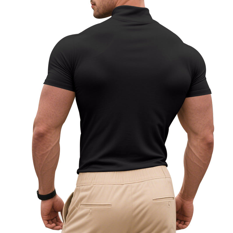 Men's Summer Stretch Slim British Gentleman's Casual Base Shirt Small Turtleneck Short Sleeve T-Shirt Men's