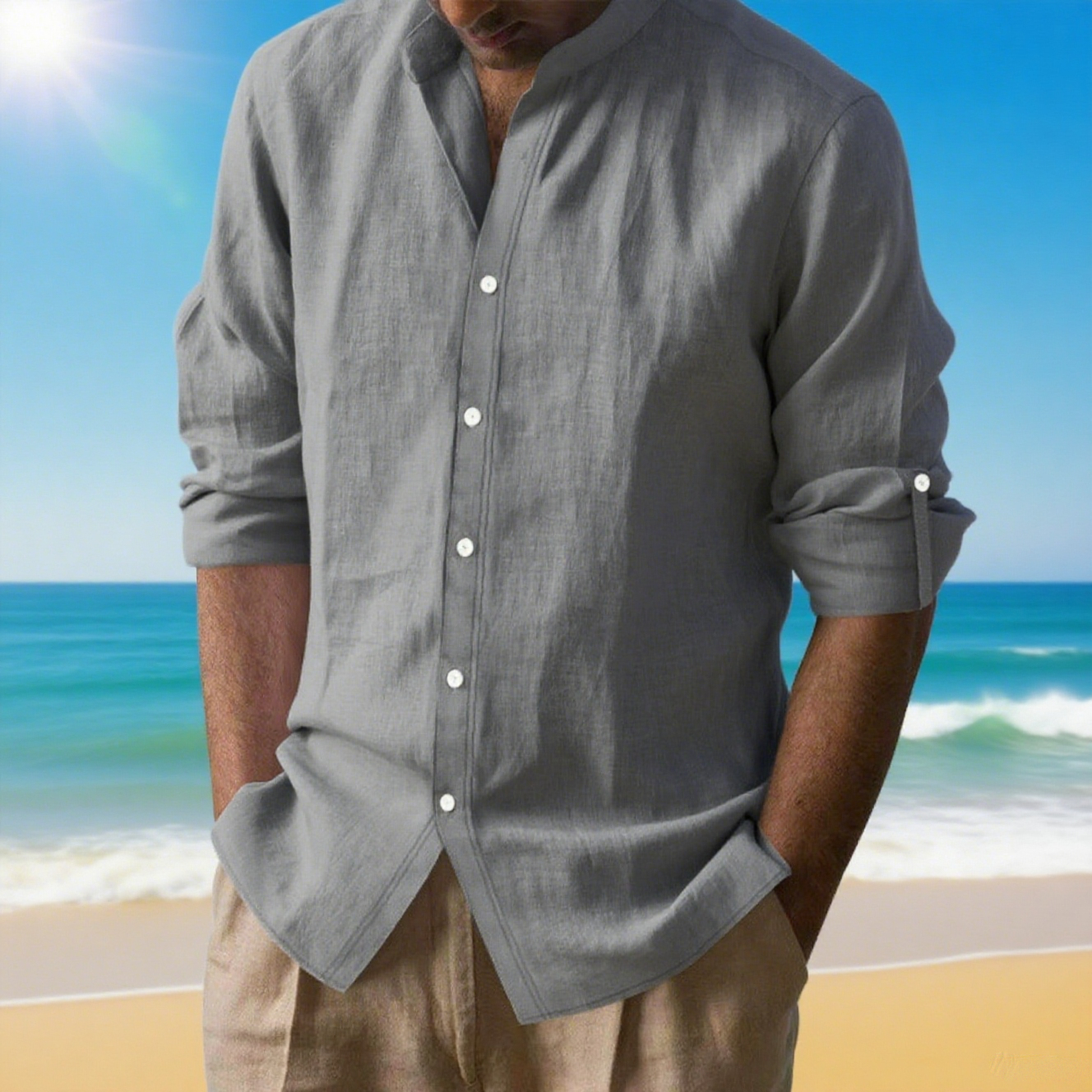 Men's Vacation Linen Button Down Shirt - Casual Slim Fit with Chest Pocket for Beach