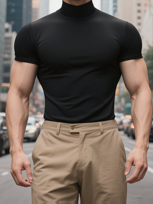 Men's Summer Stretch Slim British Gentleman's Casual Base Shirt Small Turtleneck Short Sleeve T-Shirt Men's