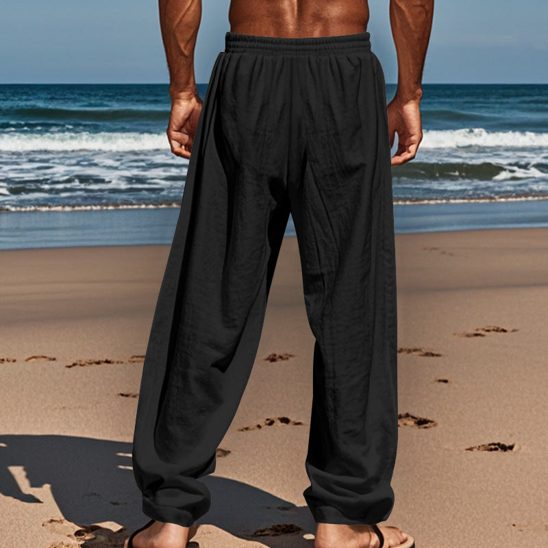 Men's Casual Linen Pants Beach Summer Elastic Waist Drawstring Pants Lightweight Linen Trousers