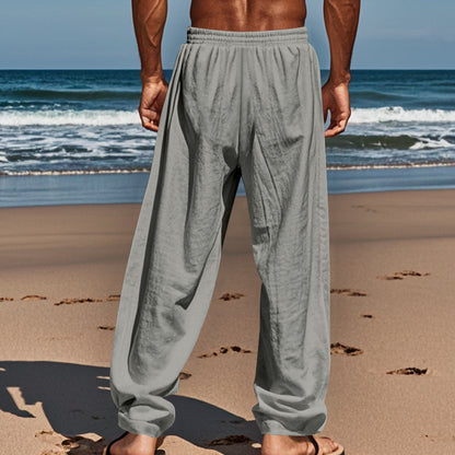 Men's Casual Linen Pants Beach Summer Elastic Waist Drawstring Pants Lightweight Linen Trousers