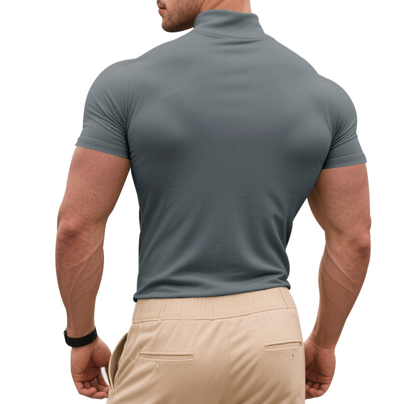 Men's Summer Stretch Slim British Gentleman's Casual Base Shirt Small Turtleneck Short Sleeve T-Shirt Men's
