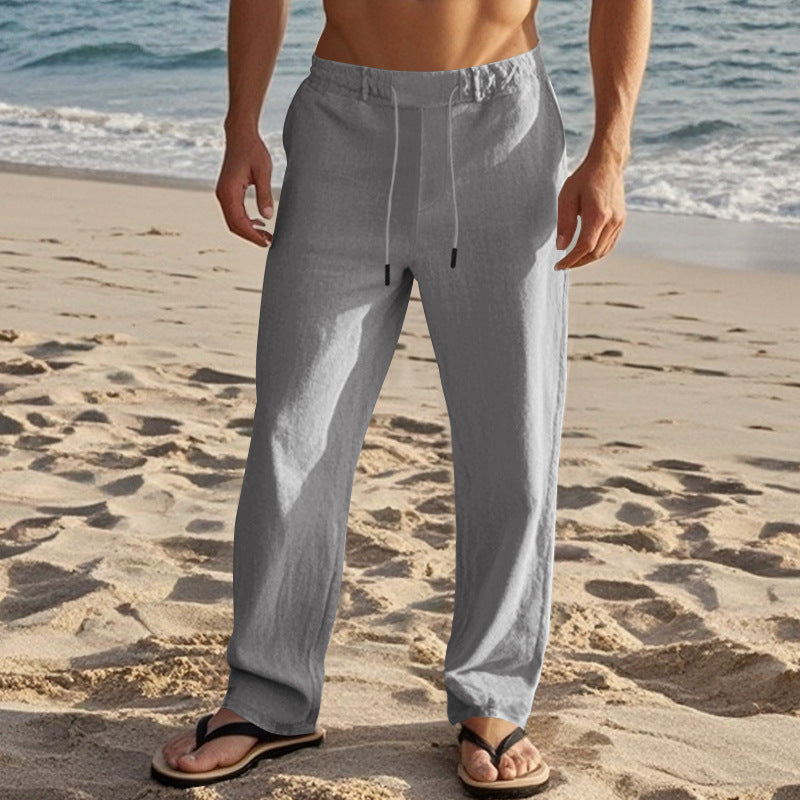 Mens Linen Pants Elastic Waist Drawstring Loose Fit Casual Summer Beach Pants with Pockets Baggy Trousers