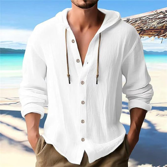 Men's solid color casual long-sleeved shirt hooded drawstring cotton linen cardigan trendy versatile loose beach T-shirt