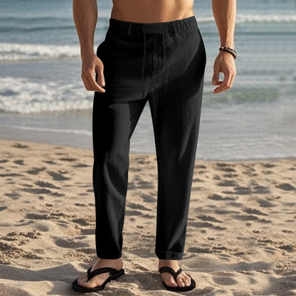 Mens Linen Pants Elastic Waist Drawstring Loose Fit Casual Summer Beach Pants with Pockets Baggy Trousers