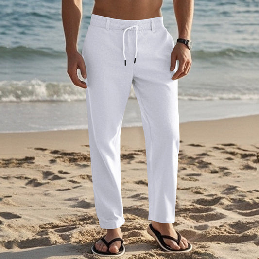 Mens Linen Pants Elastic Waist Drawstring Loose Fit Casual Summer Beach Pants with Pockets Baggy Trousers